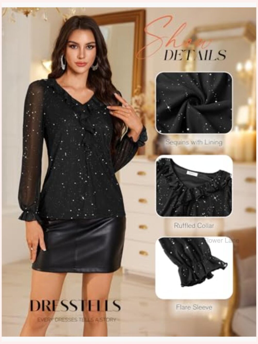 Sequin Ruffle V Neck Long Sleeve Mesh Party Tunic Blouse - Picture 5 of 7